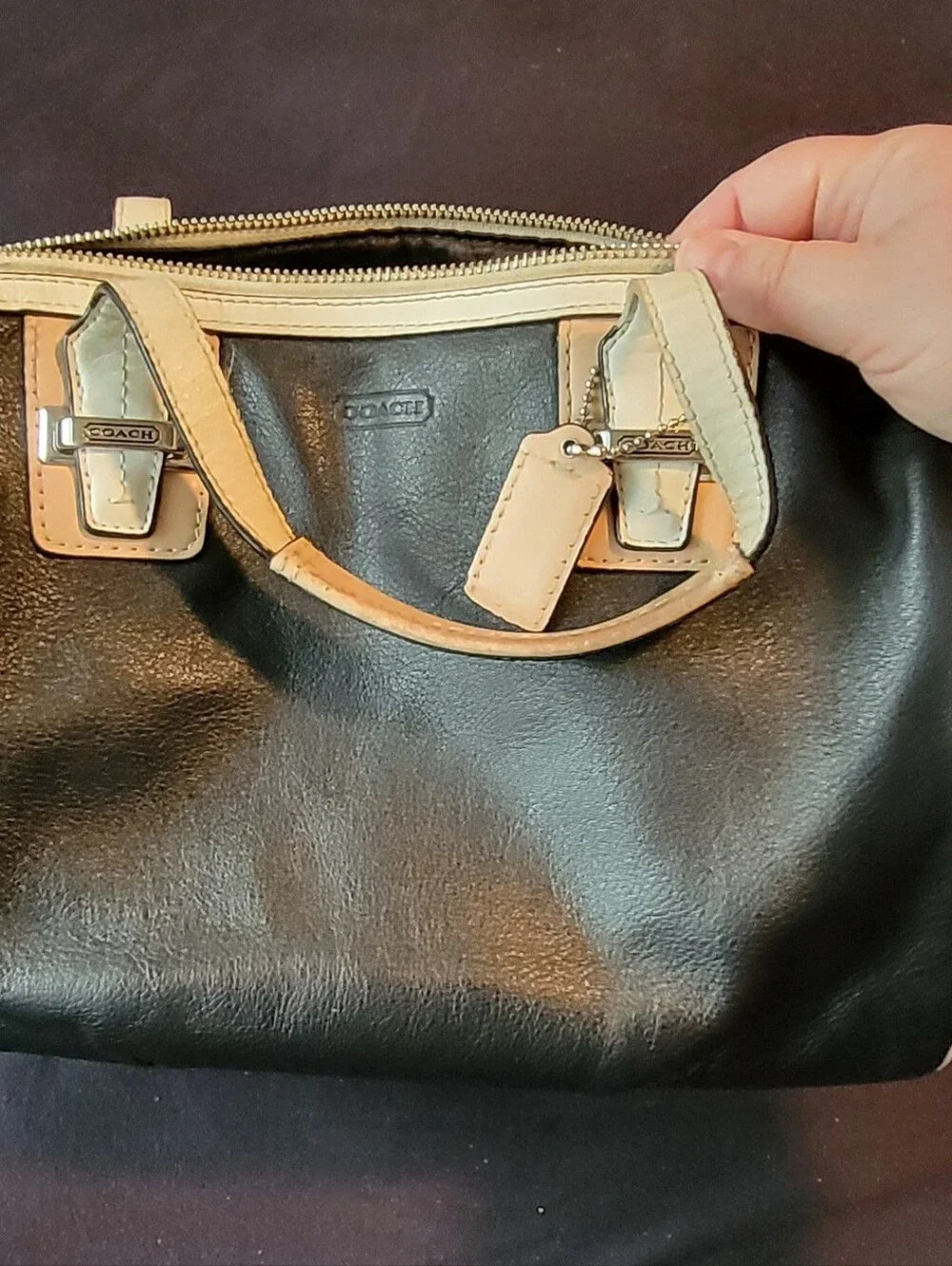 Coach Black Leather Satchel with Tan Trim and Handles